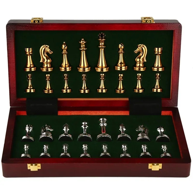 Deluxe Chess Set with Solid Wood Board and Standard Metal Retro Pieces Ideal for Professional