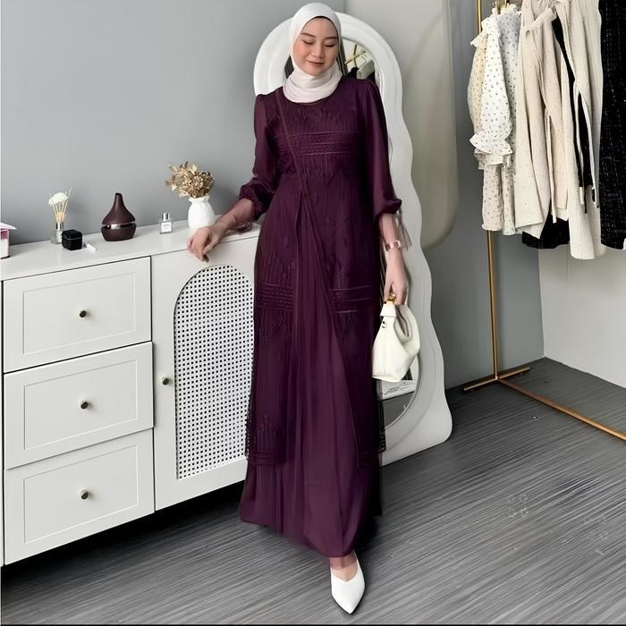 Best Seller Gamis Brokat 2025 Model Baru Shabira Dress Silk Kombinasi Brokat Burgundy Baju Lebaran