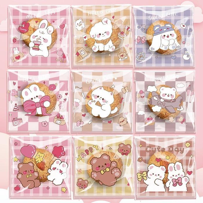 Plastik Cookies 14 x14CM isi 100Lembar Motif Lucu / Plastik Permen / Plastik Kue / Plastik Motif