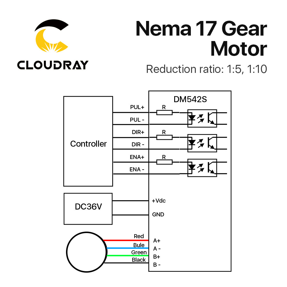 Cloudray Nema 17 Stepper Motor 4-lead 0.42/0.52N.m Planetary Gearbox Motor Nema 17 Ratio 5:1/10:1