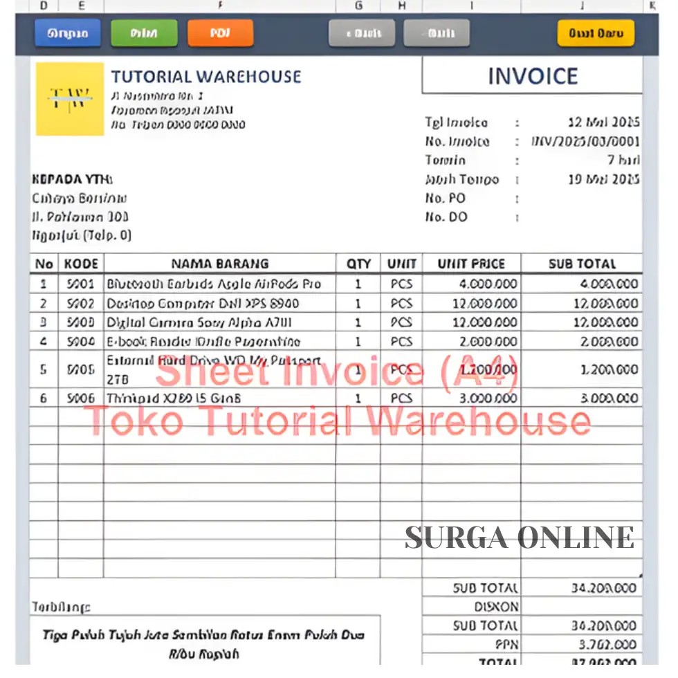 Template Excel Invoice Otomatis Simpan ke Arsip, Cetak PDF, Cetak ke Printer
