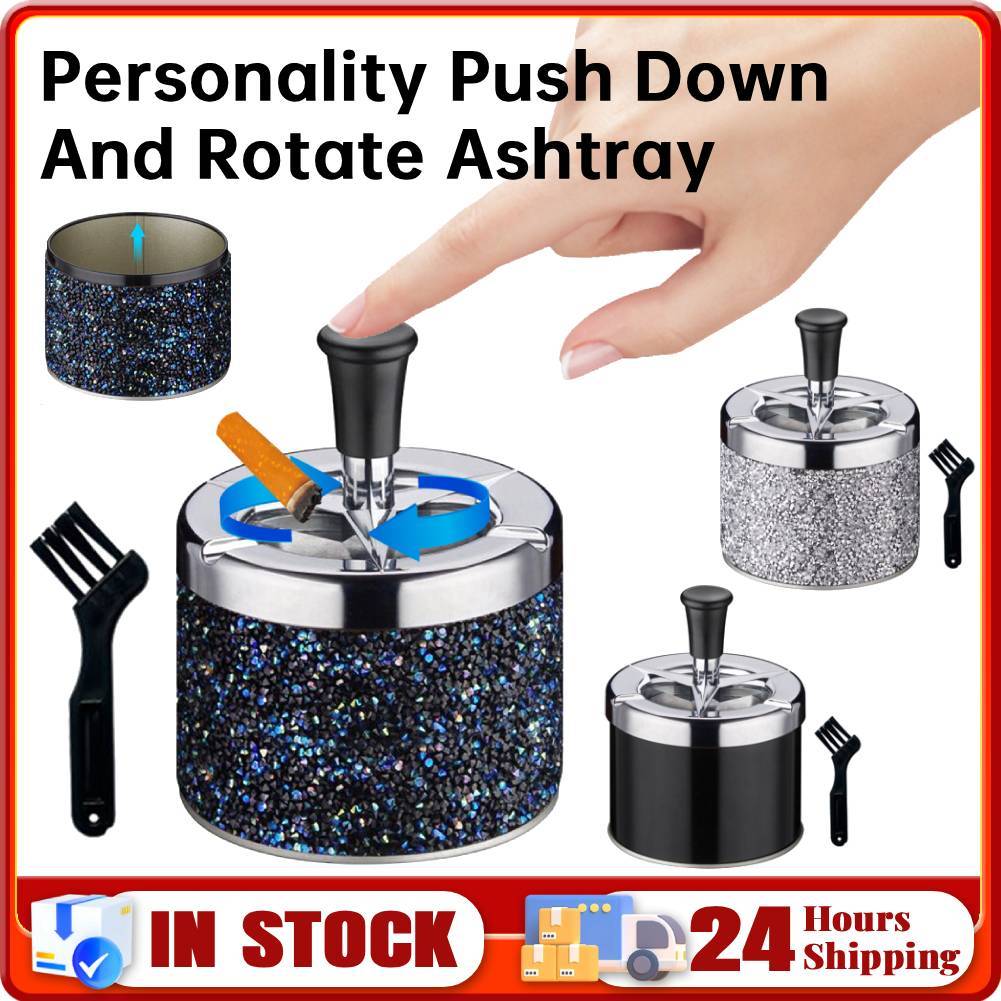Push Down Ashtray W/ Lid Spinning Ashtray Windproof Self-Cleaning Ashtray Metal Desktop Ashtray for