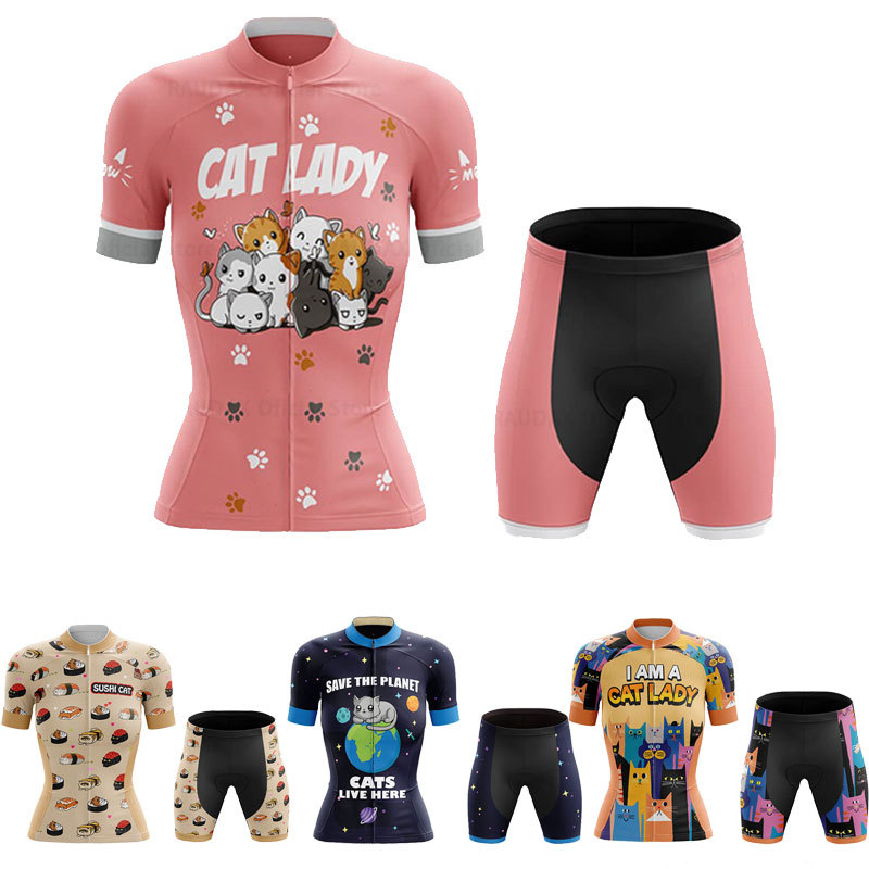 Cat Lady Women Cycling Jersey Set 2023 Summer Bicycle Cycling Clothing Short Sleeve Mountain Bike