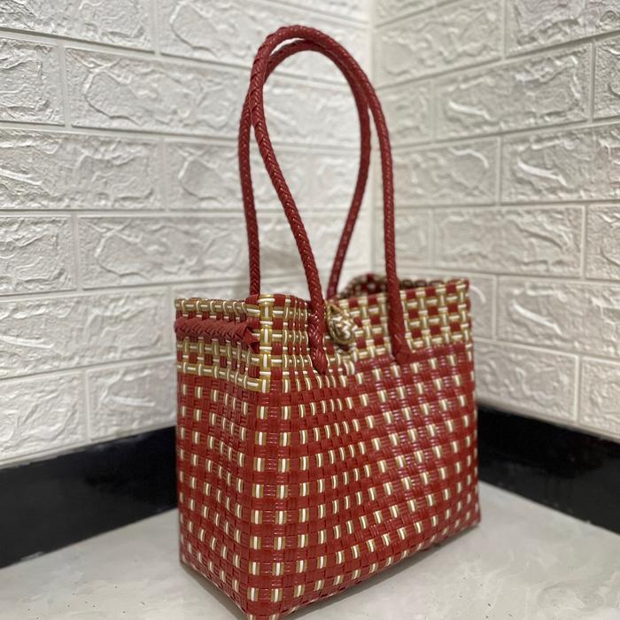 Tas Jali Merah Combi Gold FREE MACRAME RAINBOW anyaman tote wanita