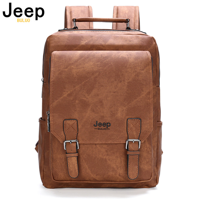 JEEP BULUO Brand Men's Backpack Leisure Travel 15inch Laptop Bag Waterproof High Quality PU Leather