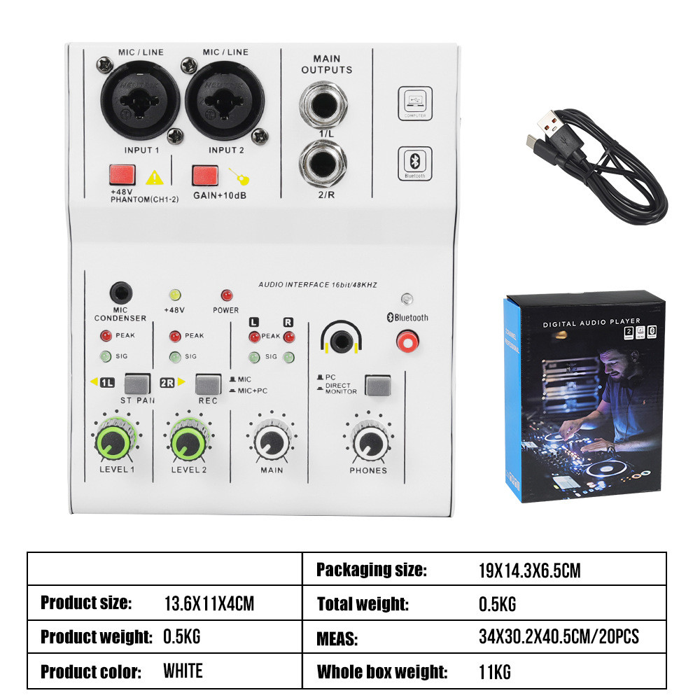 2-Channel Professional Sound Mixer Console Mini Audio Mixer Sound Card Computer Input 48v Power USB