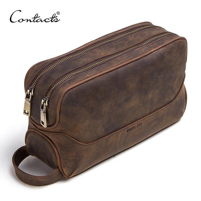 Contact'S Crazy Horse Genuine Leather Men'S Cosmetic Bag Male