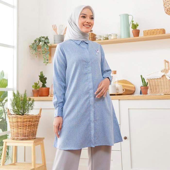 WULFI ATASAN KEMEJA TUNIK DAY TO DAY KATUN COTTON MADINAH MISTY BLUE KANTOR MUSLIM NYAMAN PANJANG