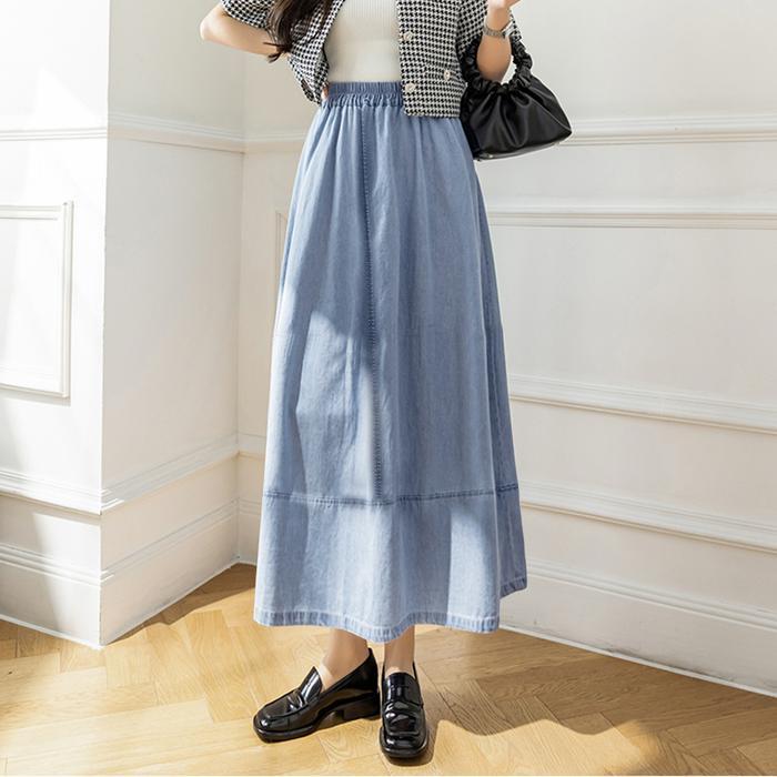 2219# Denim Skirt Rok Wanita Summer Retro Loose Splicing Mid-Length Elastic Waist Casual Umbrella