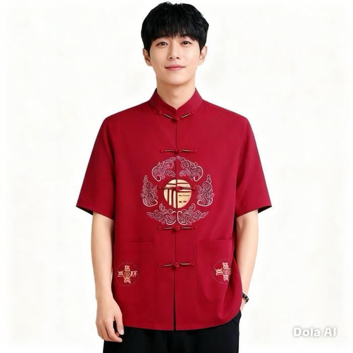 Chinese New Year Sale Baju Cheongsam Pria Baju Tradisional Kemeja Formal Baju Imlek Pria Bordir Koin