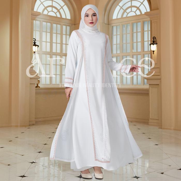 Aralluce 044 Gamis Abaya Putih Wanita Simple Dan Elegan Dengan Desain Minimalis Dan Renda Bordir