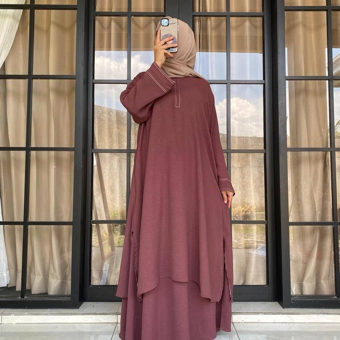 READY Fatimah Setelan Tunik Rok Muslim Abaya One Set Tunik Melayu Wanita Remaja Polo Linen Dan