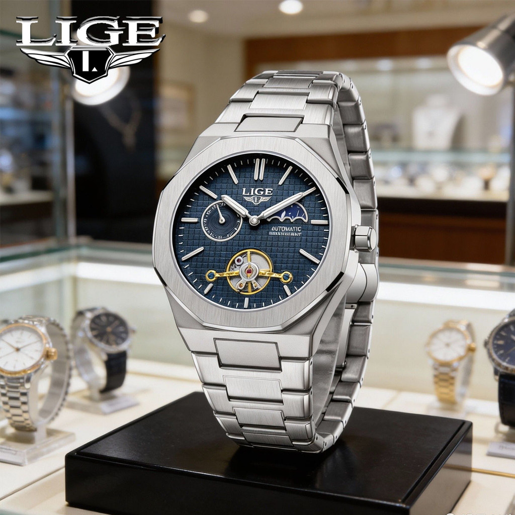 LIGE New Luxury Tourbillon Mechanical Watches For Men Multifunctional Chronograph Moon phase