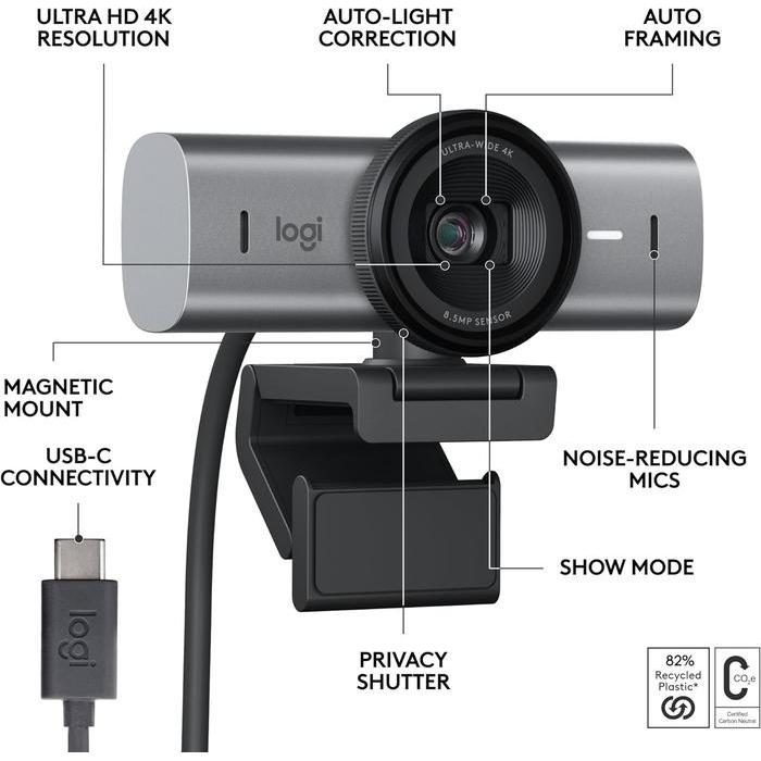 Logitech Mx Brio 4K Ultra Hd Streaming Webcam 60Fps Usb C Noise Cancelling