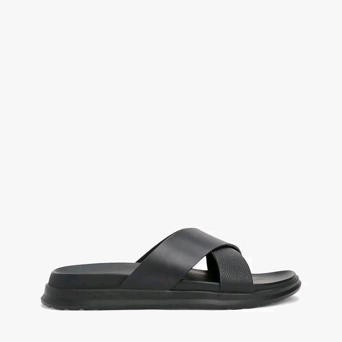 Premium Tommy Hilfiger - Leather Cross-Strap Sandal/Sandals Pria - Black Terlaris
