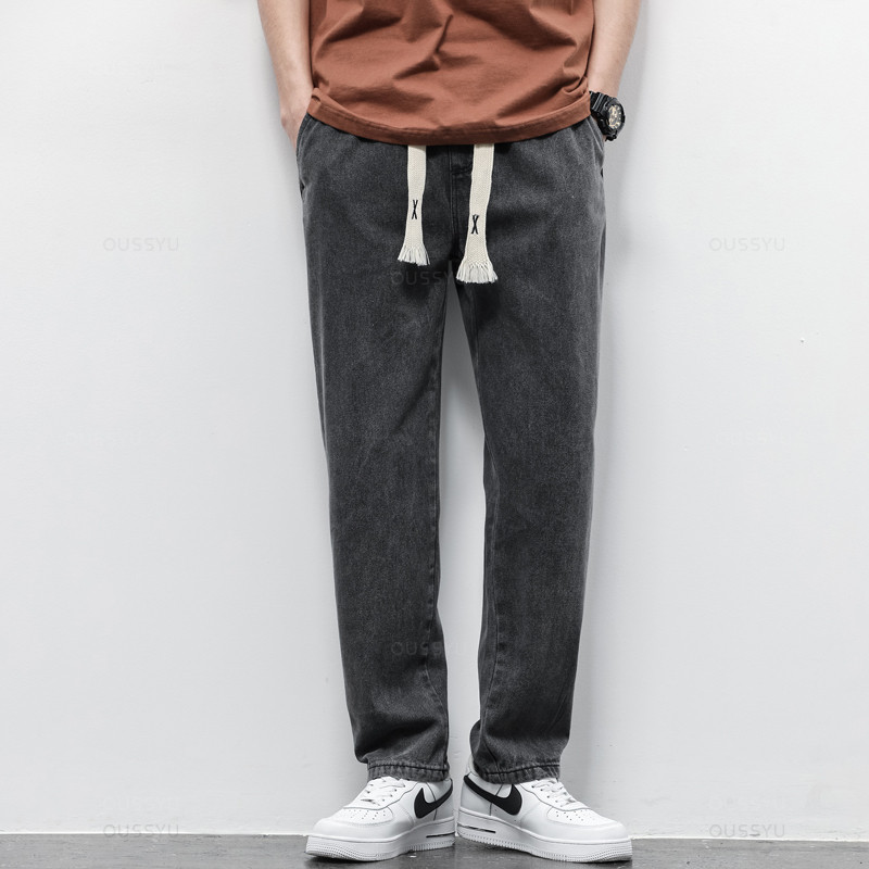 Autumn Winter Men's Jeans Cotton Soft Drawstring Straight Pants Elastic Waist Vintage Korea Casual