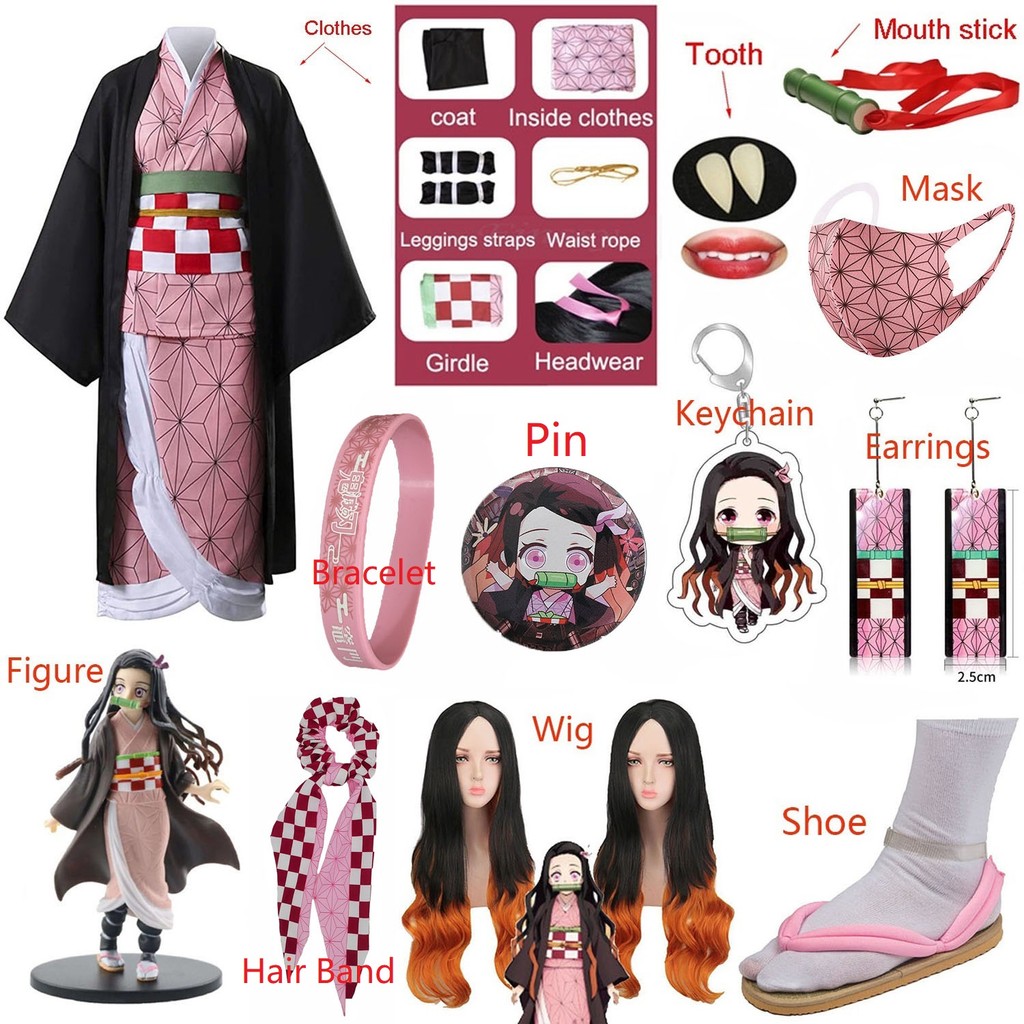 Kids Anime Demon Slayer Kamado Nezuko Costume Cosplay Earrings Figure Mask Keychain Shoes Wig Tooth