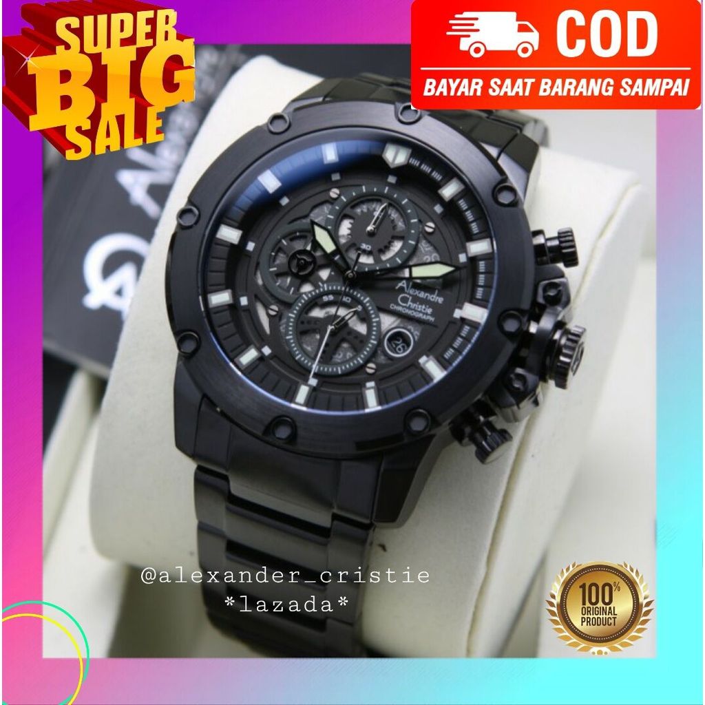 BARU ORIGINAL GARANSI RESMI 1 TAHUN JAM TANGAN WANITA ALEXANDRE CHRISTIE CHRONO COWOK FULL BLACK RAN