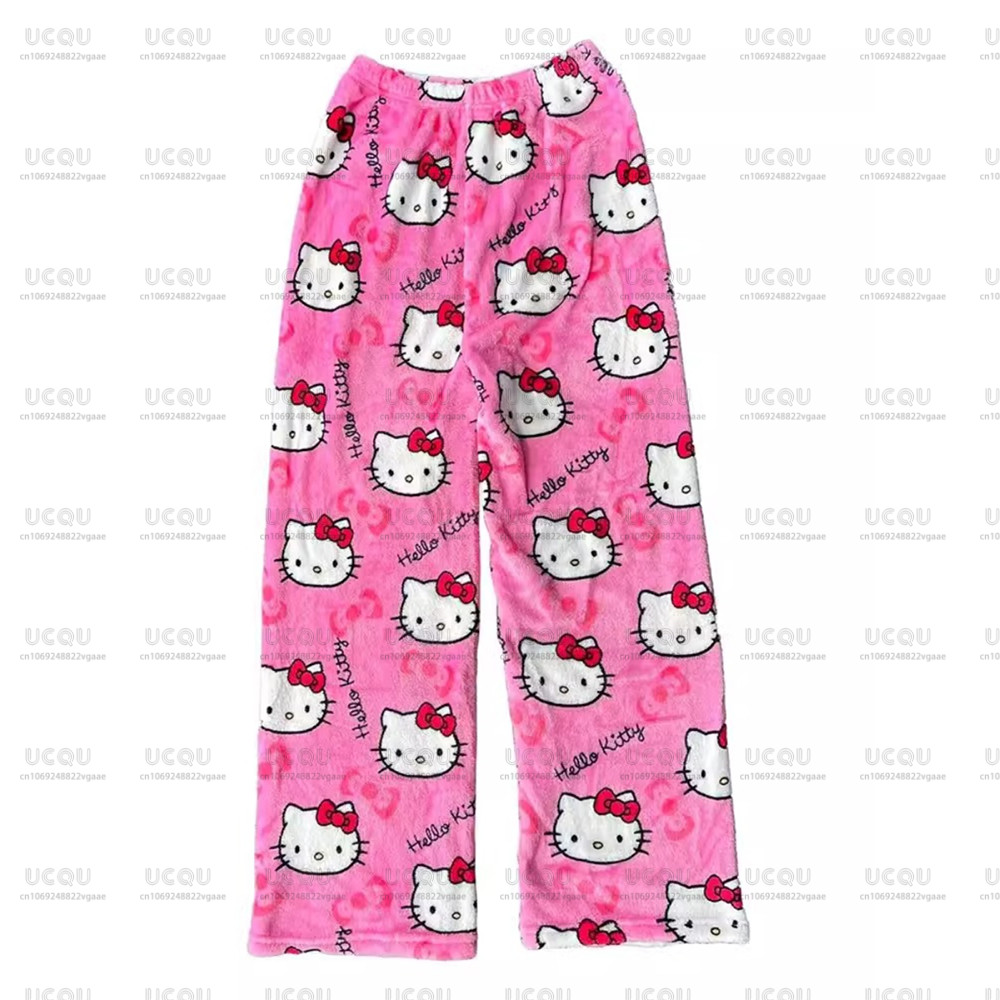Anime Autumn Winter Male Hellos Kittys Flannel Pajamas Pants Y2k Cartoon Casual Warm Cute Printed