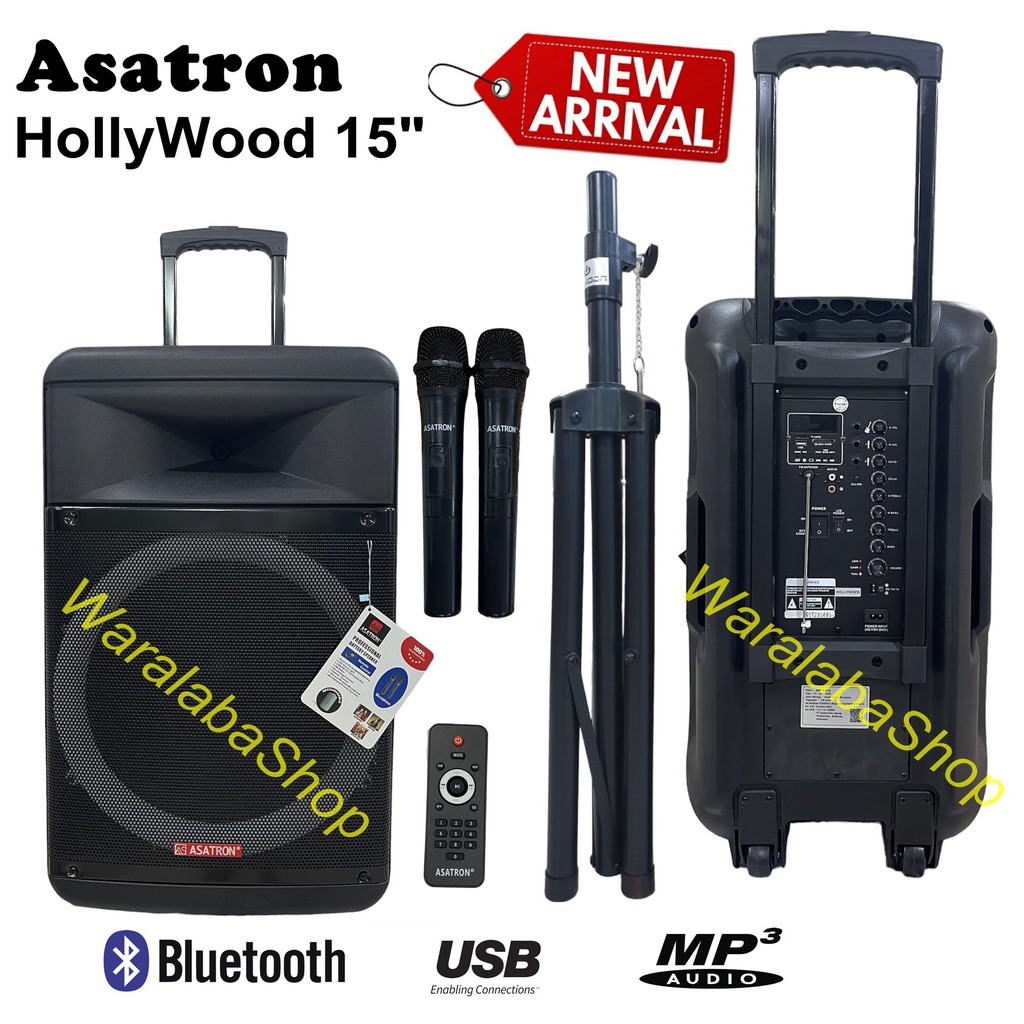 ASATRON SPEAKER HOLLYWOOD PORTABLE 15 ( 15 INCHI ) BONUS 2 MIC WIRELESS + 1 STAND