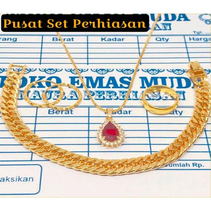 SET PERHISAN WANITA KALUNG ITALI LIONTIN PERMATA DAN GELANG RANTAI CINCIN POLOS ANTING MOTIF SPIRAL