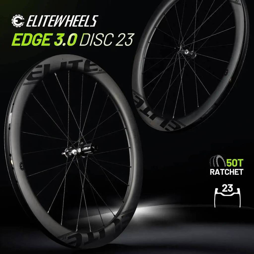 ELITEWHEELS EDGE DISC 3.0 Carbon Wheelset Ratchet System 50T Wing 20 Spoke UD Matte Raw Carbon