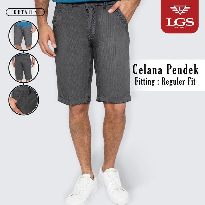ORIGINAL LGS - Celana Pendek Casual Pria Motif Garis-Garis Warna Hitam Reguler Fit -