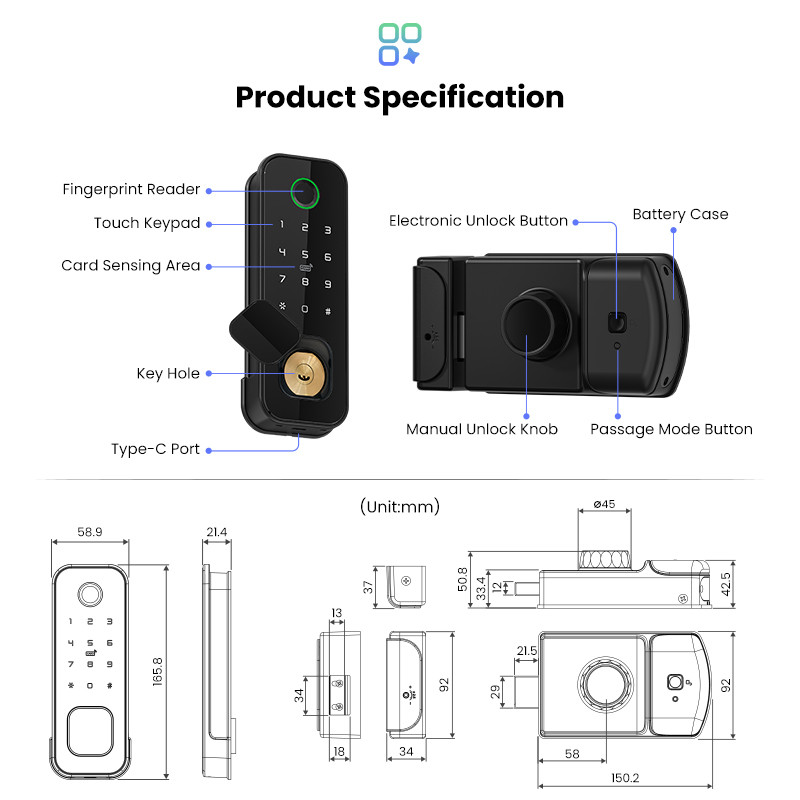 YRHAND Tuya wifi 8 language Fingerprint IP66 Waterproof Outdoor Gate Passcode Rfid Card Keyless