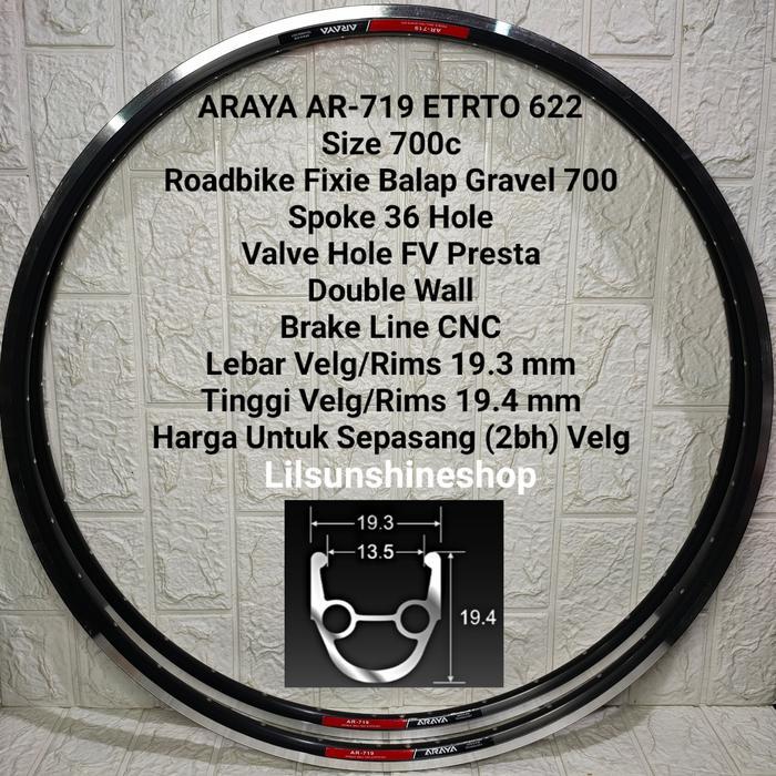 Rim Velg 700c 36H ARAYA AR719 ETRTO 622 Double Wall ke Line Cop FV Black CNC Sepeda 700 Roadbike