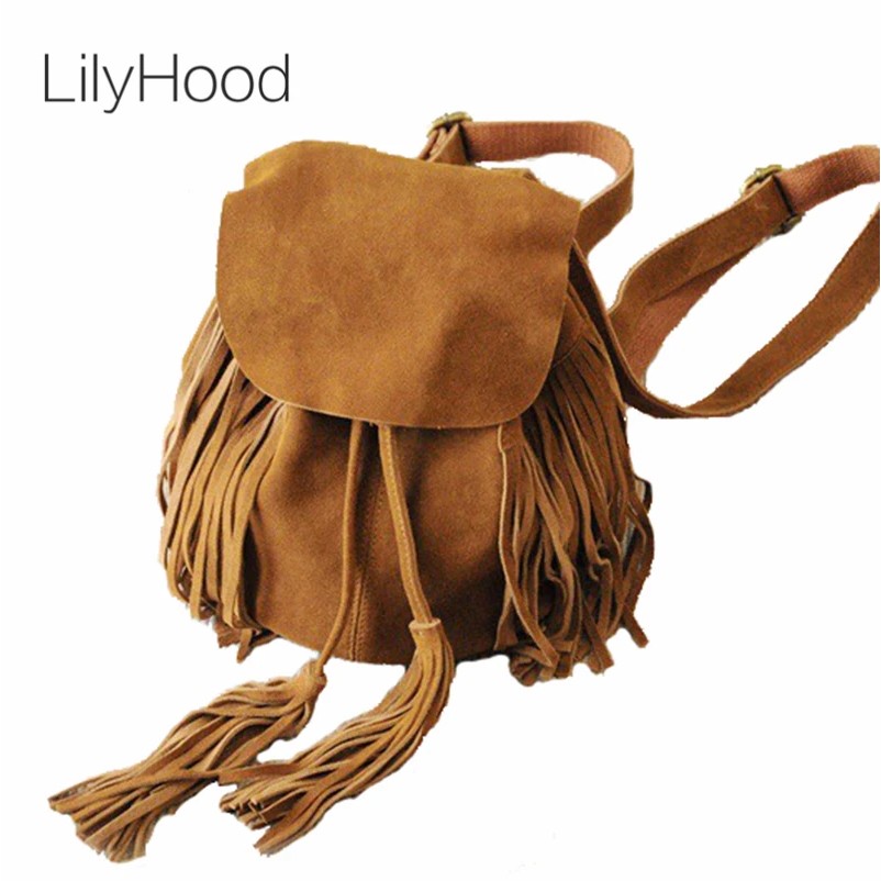 Women Small Genuine Leather Suede Feminine Backpack Bohemian Boho Chic Ibiza Mini Bucket Fringe