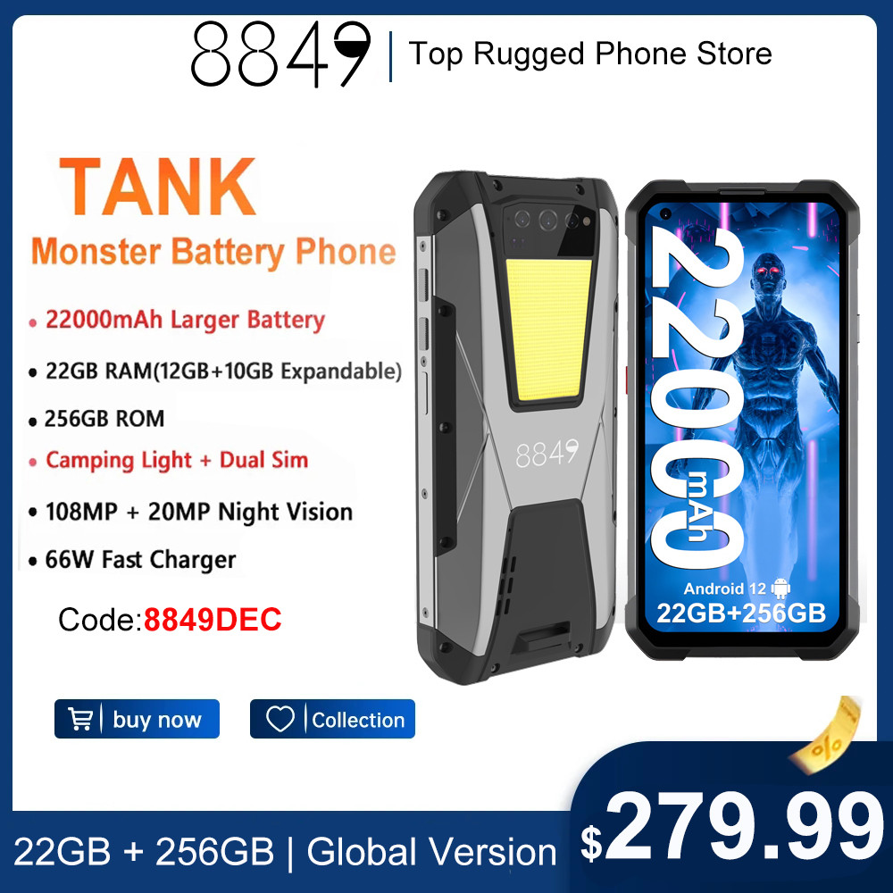 8849 By Unihertz Tank Rugged Smartphone Night Vision Cellphone 22GB Ram 256GB Rom 108MP G99 22000mAh