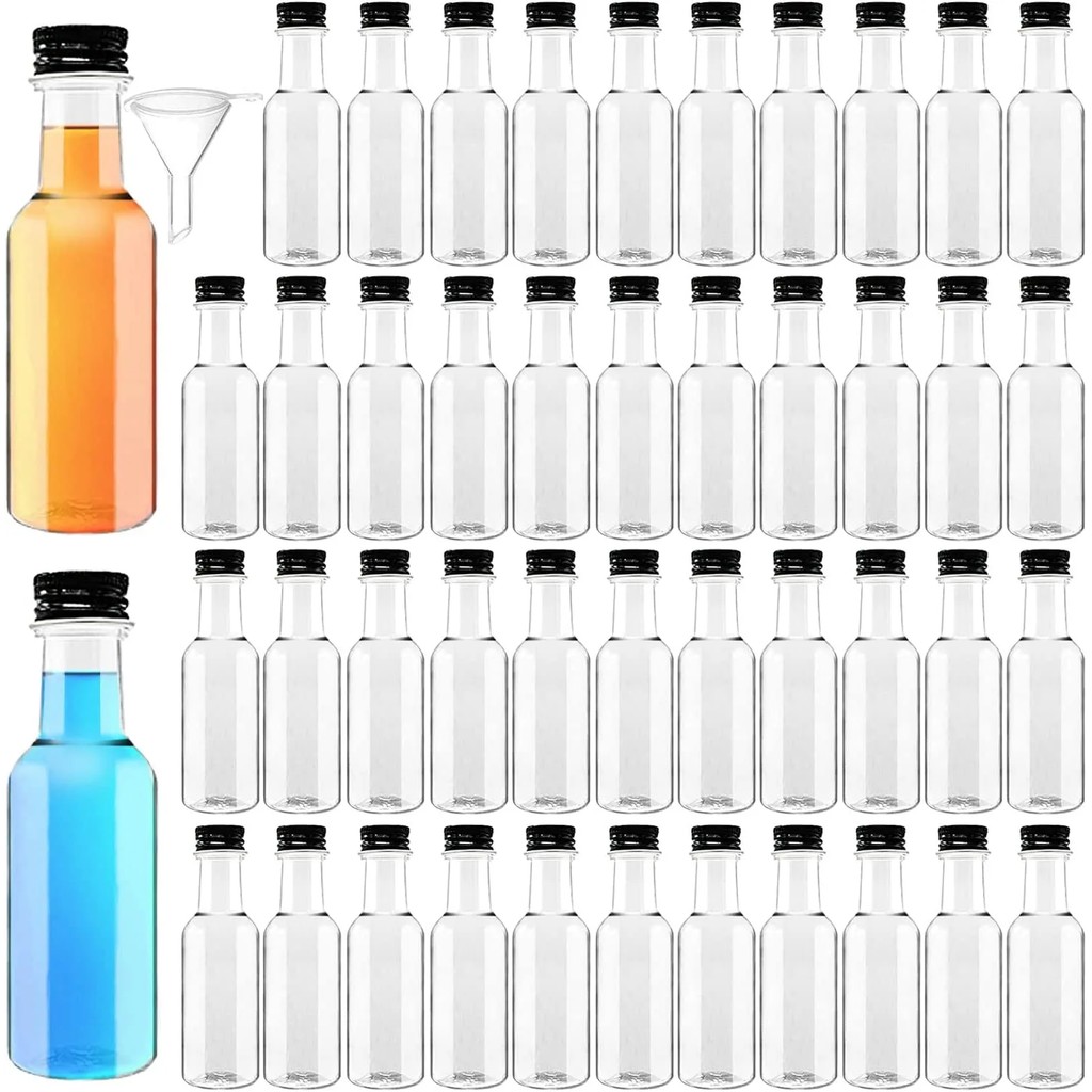 50 Pack Empty Mini Liquor Bottles Empty Spirit Shot Bottles Reusable Plastic 1.7Oz 50ml 25ml