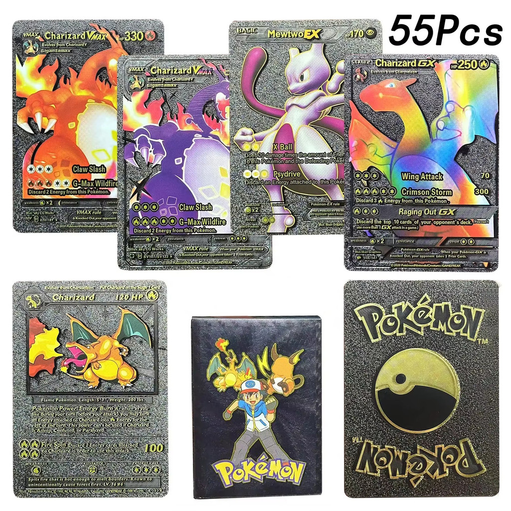 Pokemon Cards Metal Gold Black Vmax GX Card Box Mewtwo Charizard Pikachu Rare Collection Battle