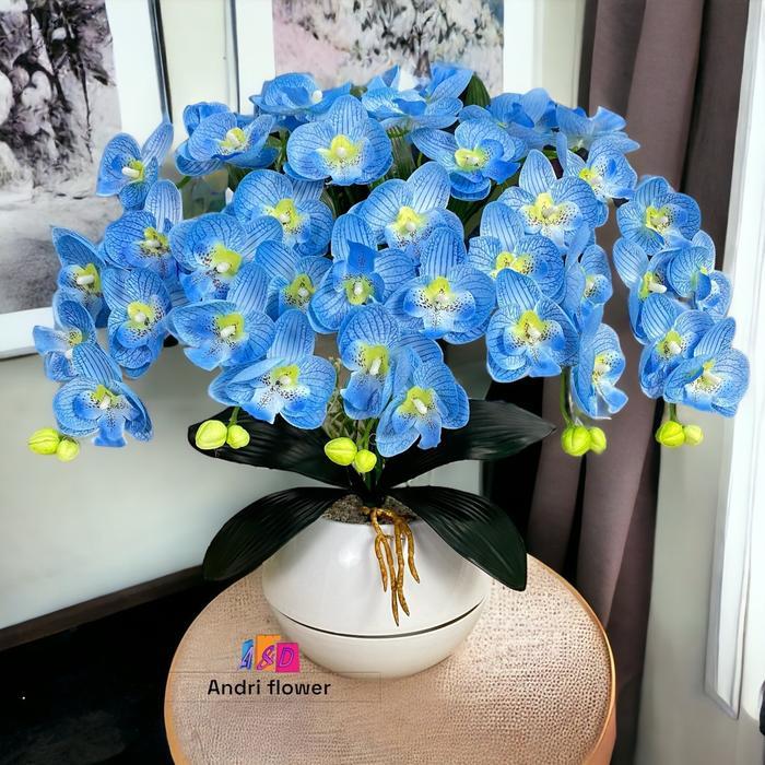 "New" Bunga Hias Artificial Angrek Cabang5 Pot Viena Untuk Kamar Tidur Ruang Tamu Dan Ruangan Kantor