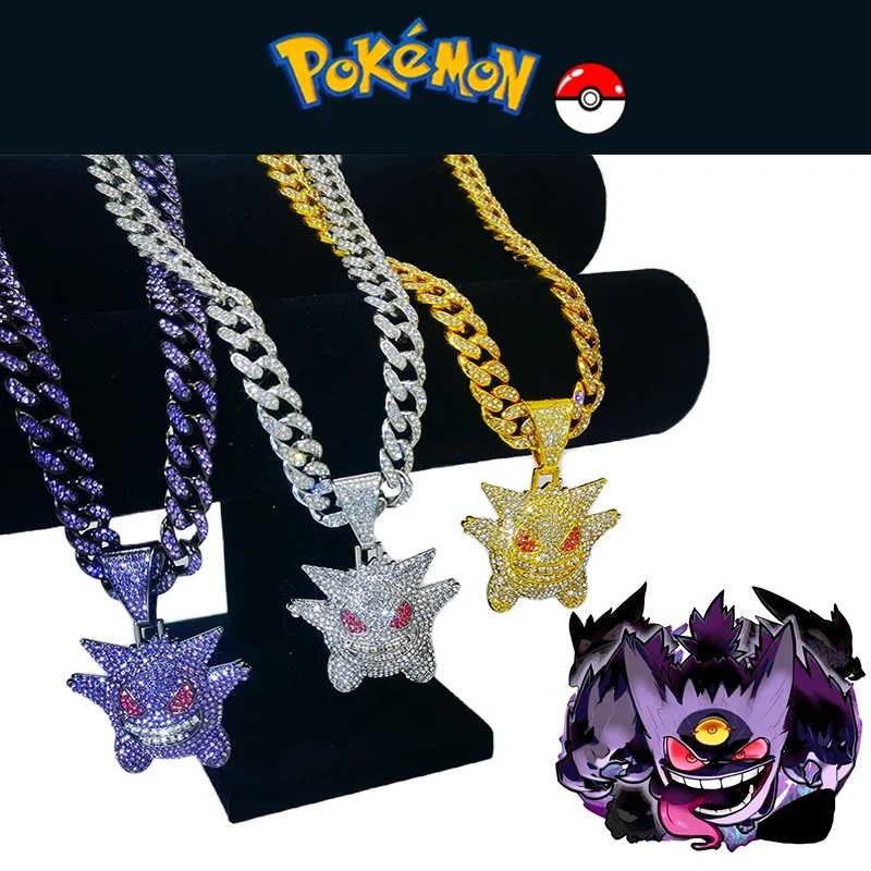 Pokemon Gengar Miami Cuban Link Chain HipHop Men Women Necklace Trend Metal Pendant Rhinestone Paved