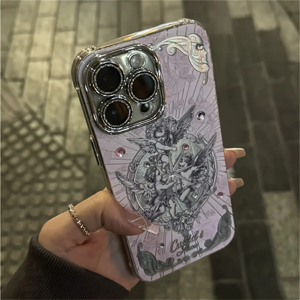 European Cupid Angel Aurora Phone Case For 16 15 14 13 12 Pro 11 Ins Luxury Glitter Lens Protect