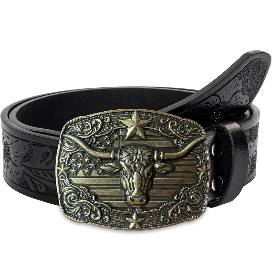 Men's and women's denim western belt, men's denim western belt, embossed belt, bull buckle, suitable