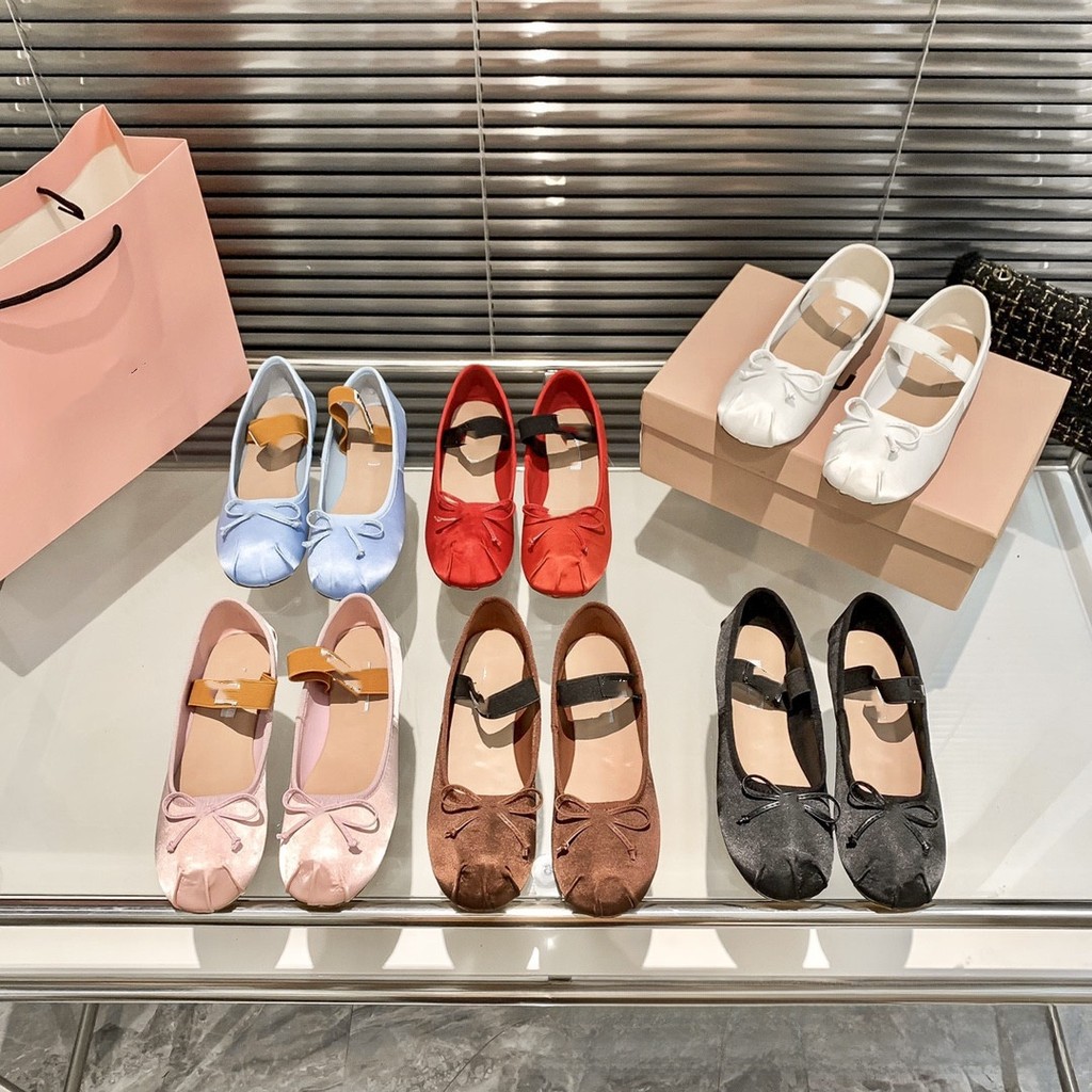 Miu Home Satin Mary Jane Ballet Flats Retro round Toe Bow Tie French Flat Heel Women's Single Shoes