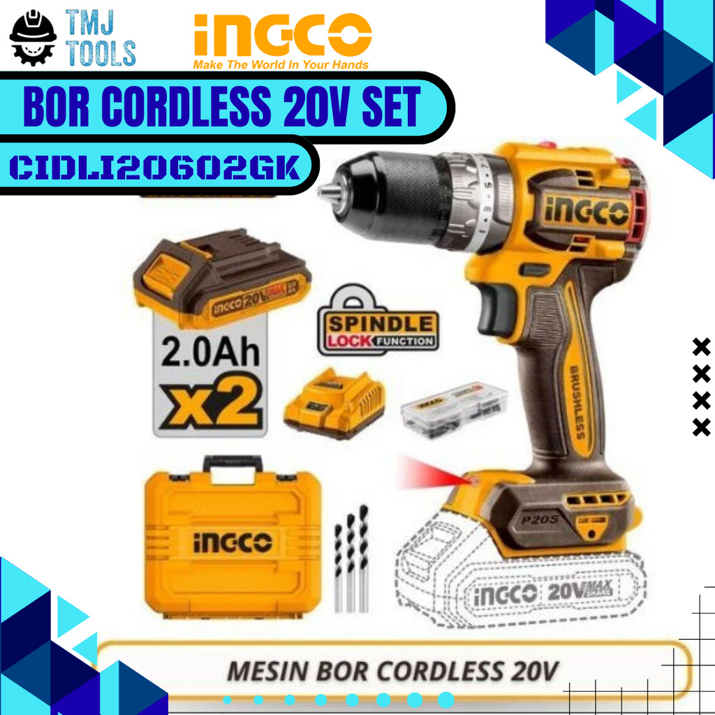 INGCO Bor Cordless 20V BRUSHLESS Mesin Bor Baterai CIDLI20602GK 20V Portable Impact Hammer Drill Bor