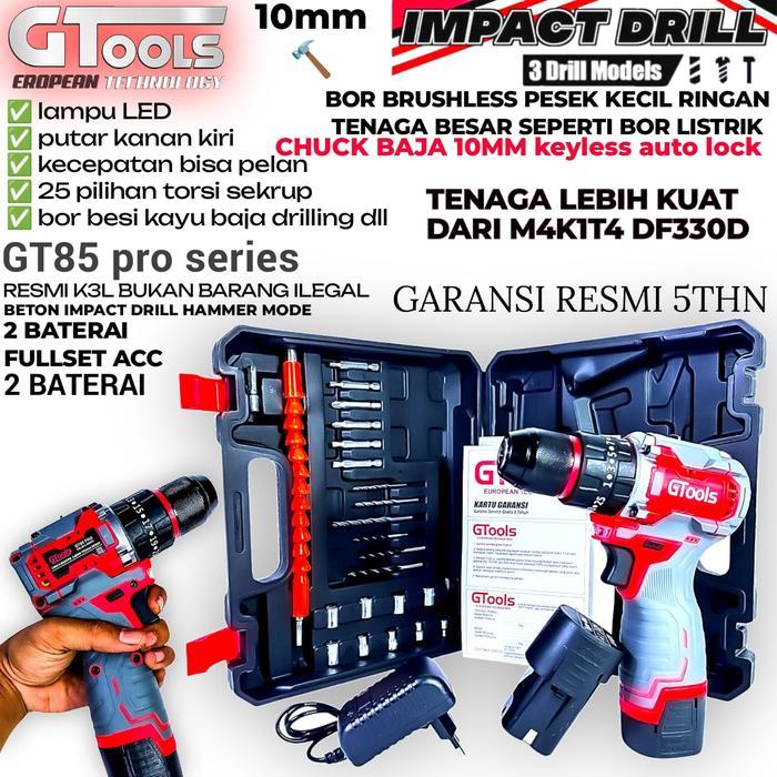 Gtools Gt85Pro Gtools Raja Bor Impact Drill Brushless 10Mm Keyless Auto Lock 2Baterai Mesin Bor Besi