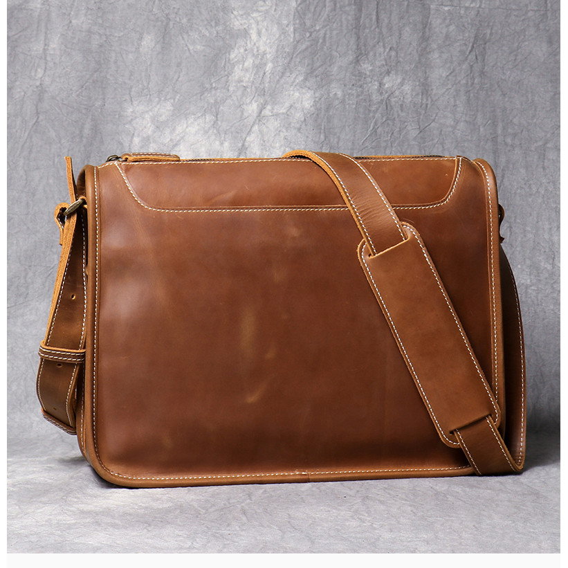 Vintage Crazy Horse Leather Men's Messenger Bag Handmade Original Genuine Leather Zipper Laptop