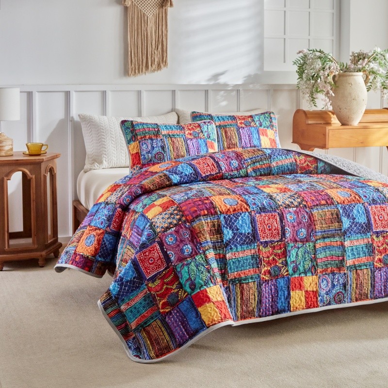 Fashion Colorful Patchwork Bedspread Set Soft Polyester Bed Cover+Pillowcase Thickened Mattress