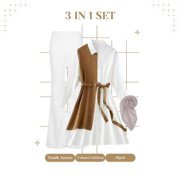 One Set Lebaran Elegan Atasan Outer Tunik + Celana Scuba Cutbray + Hijab Segiempat Setelan Lebaran