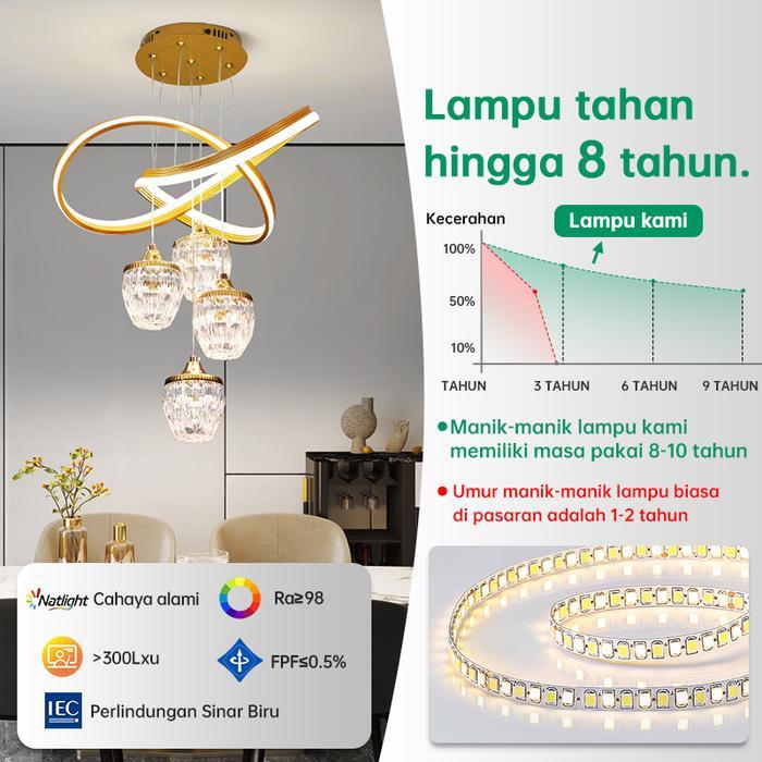 Lampu Gantung Kristal Emas Kontrol 3 Warna 72W Lampu Gantung Ruang Tamu Hias