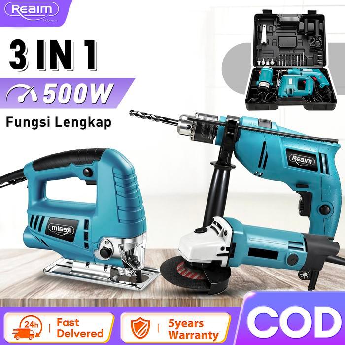 reaim 3in1 Gerinda Tangan dan Bor Impact Set Perkakas Listrik