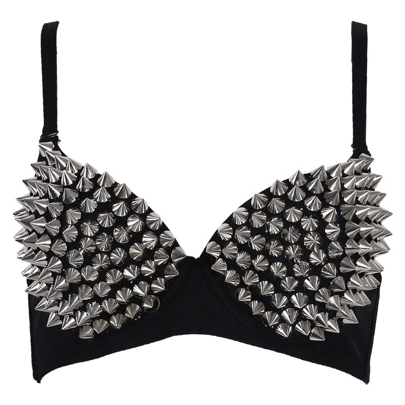 Silver Rivets Punk Rave Bralette Lingerie Gothic Bra Top Sexy Push Up Brassiere Nightclub Party Bar