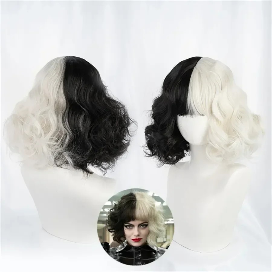 Cruella Deville De Vil Black White With Bangs Short Bob Heat Resistant Hair Wig Cosplay Halloween