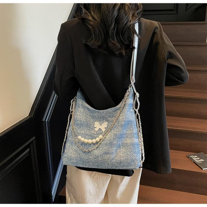 Tas Selempang Ransel Tas Tote Wanita Kain Denim 2025 Baru Fashion Santai Kecil Minoritas Rantai