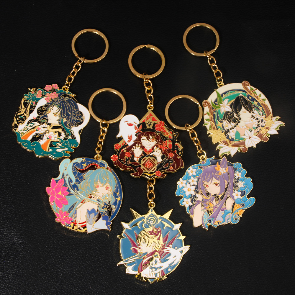 Genshin Impact Keychain Hu Tao Venti Zhongli Keqing Tartaglia Figure Cos Pendant Keyring for Women