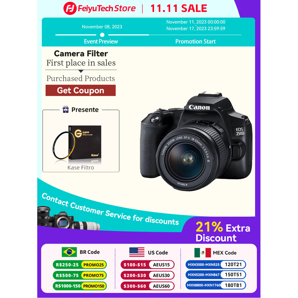 Canon Camera EOS 250D Rebel SL3 200D II DSLR Digital Camera Fotografica Profesional With EF-S 18-55m